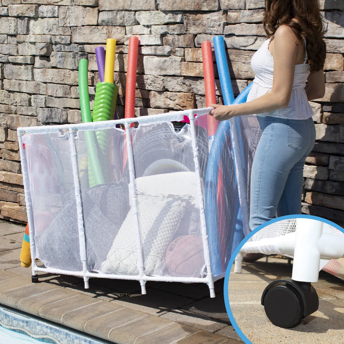Essentially Yours Pool Noodles Holder, Toys, Floats, Balls and Floats Equipment Mesh Rolling Storage Organizer Bin,, Extra-Large, (47.2"  x 30.2"  x 34" ), White Style 455119