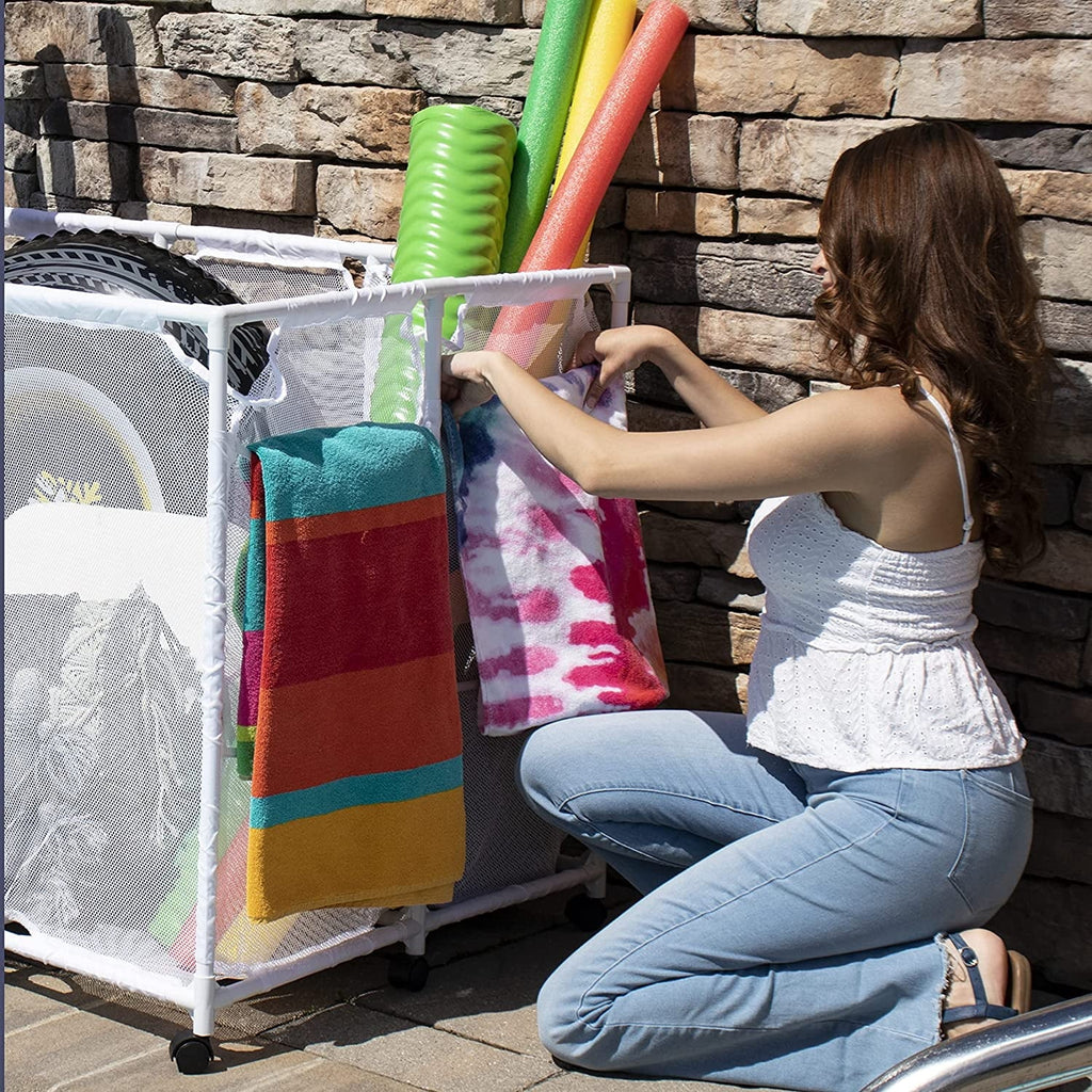 Essentially Yours Pool Noodles Holder, Toys, Floats, Balls and Floats Equipment Mesh Rolling Storage Organizer Bin,, Extra-Large, (47.2"  x 30.2"  x 34" ), White Style 455119
