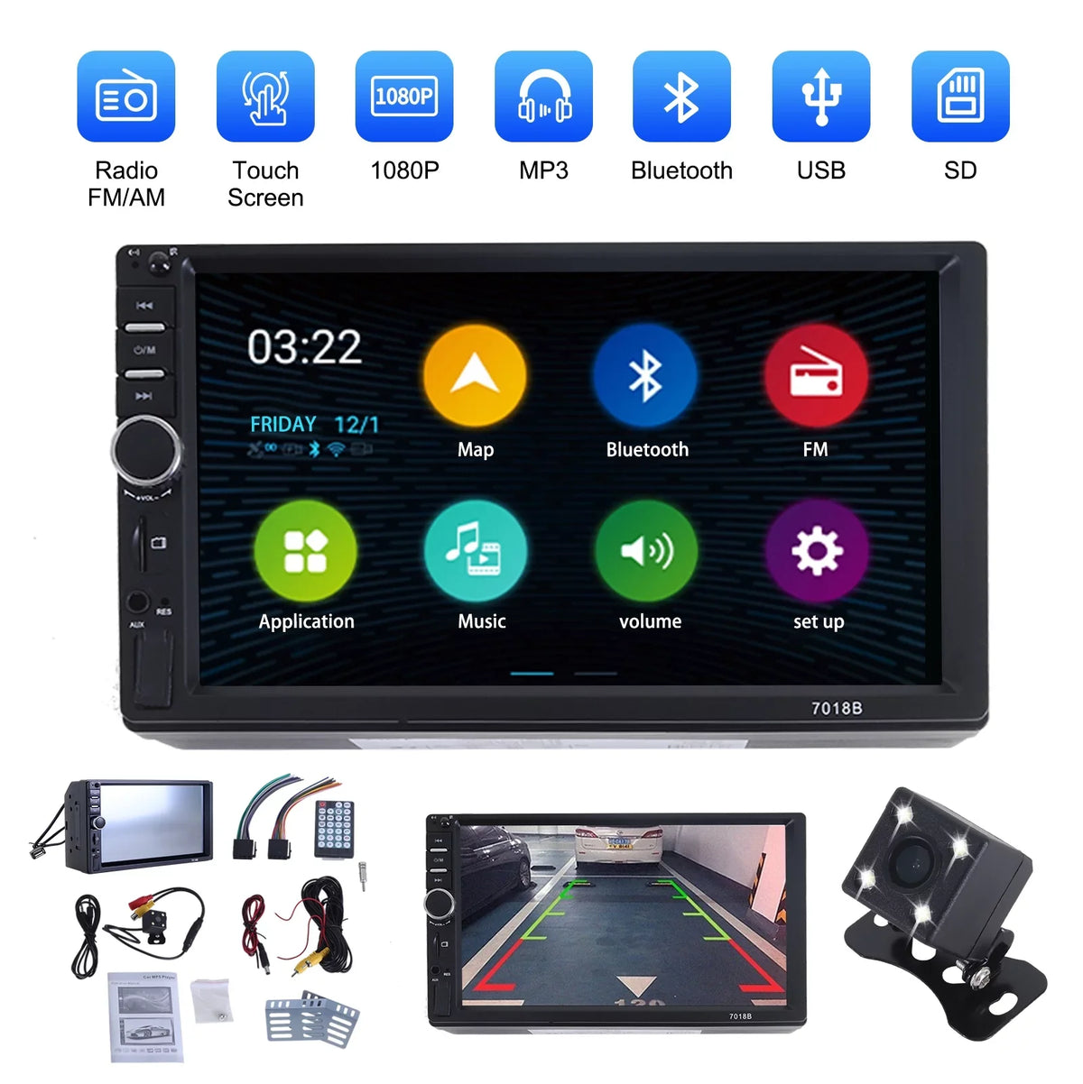Double 2 Din Car Stereo Radio  Player, 7 Inch  Touch Screen Bluetooth Car Video Player 1080P with Backup Reversing Camera