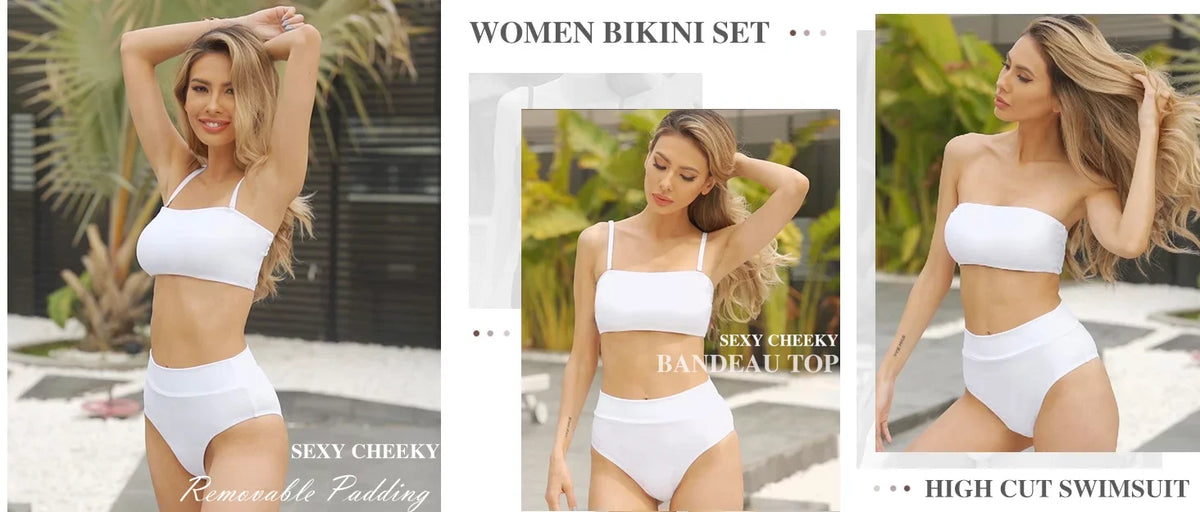 Pink Queen Women's Removable Strap Wrap Pad Cheeky High Waist Bikini Set Swimsuit White