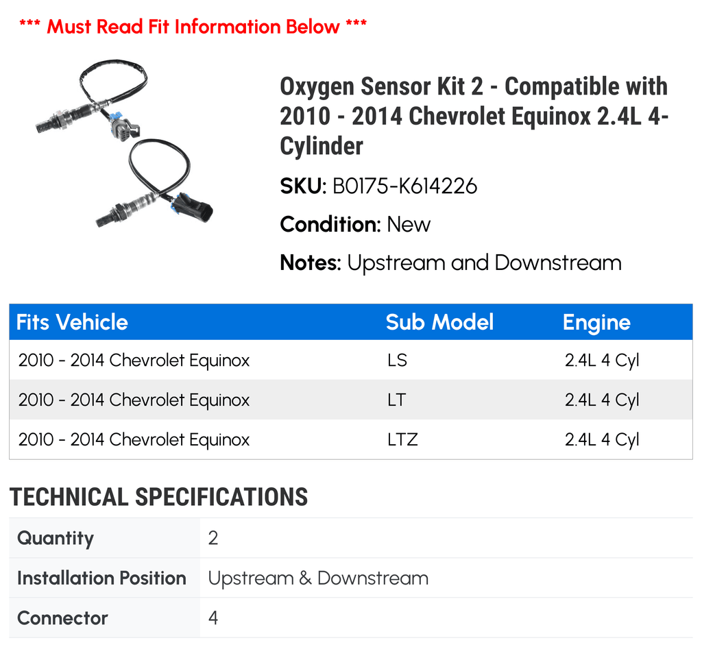 Oxygen Sensor Kit 2 - Compatible with 2010 - 2014 Chevy Equinox 2.4L 4-Cylinder 2011 2012 2013