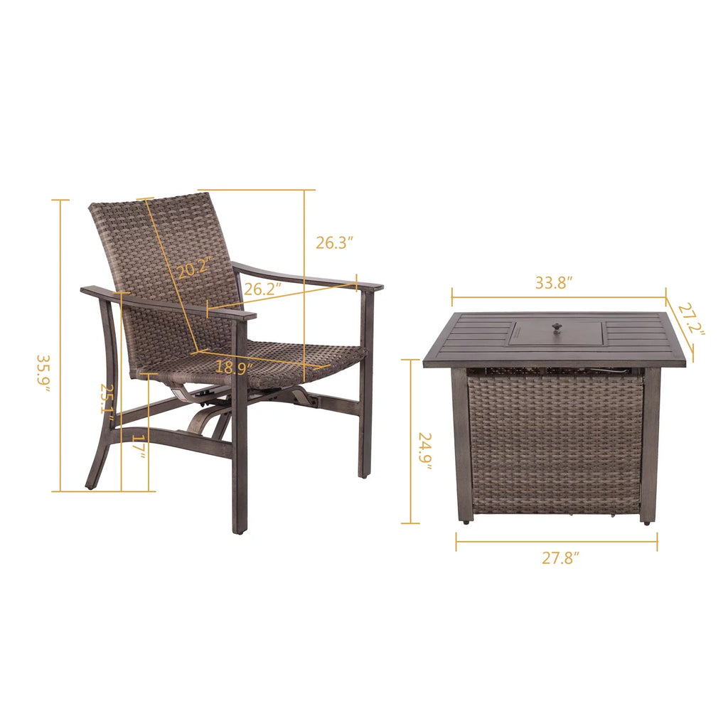 5 Piece Patio Furniture Set with Fire Pit Table, 4 Wicker Rocking Motion Chairs & 33.8"x27.2" 15000  Propane Gas Firepit Table, All-Weather Outdoor Conversation Set for Yard Garden Deck