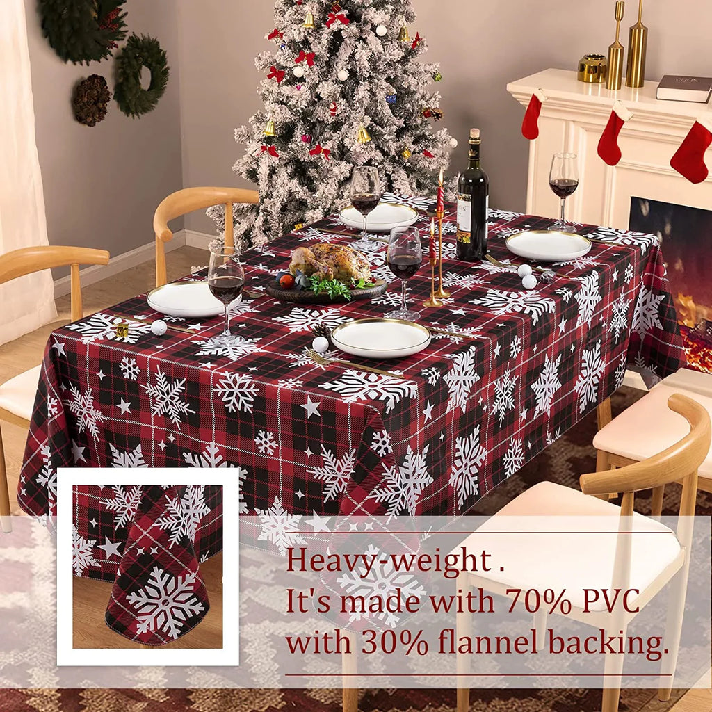 Christmas Tablecloth with Flannel Backing, Waterproof Wipeable Vinyl Rectangle Table Cover for Xmas Parties/Wedding/Holiday/Decoration Use - Heavy Duty Table Cover(60x102 Inch, Snowflake)