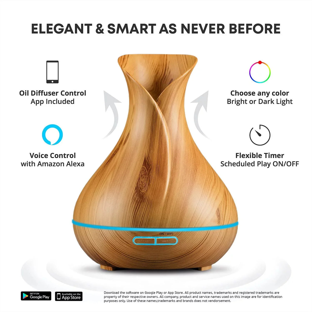 Sierra Modern Home Smart WiFi Aromatherapy Diffuser and Humidifier for Essential Oils, Light Wood 400 ml