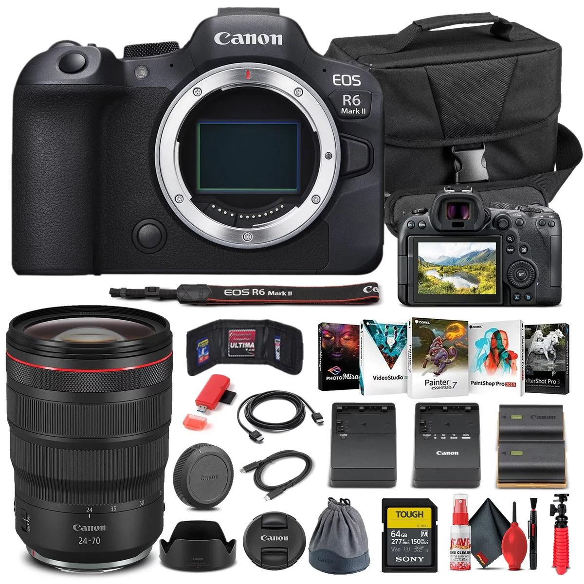 Canon   Mark  Mirrorless Camera (5666C002) + Canon  24-70mm Lens + 64GB Memory Card + Case + Corel Photo Software +  Battery + External Charger + Card Reader + More