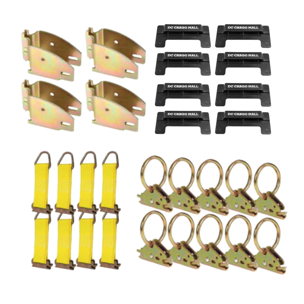 """'-Track TieDown Kit: 4 Wood Beam Sockets, 10  Rings, 8 End Caps, 8 Rope TieOffs. Ideal TieDown Accessories Bundle for Trucks, Warehouses, Docks, Trailers, Boats. -track  included."""