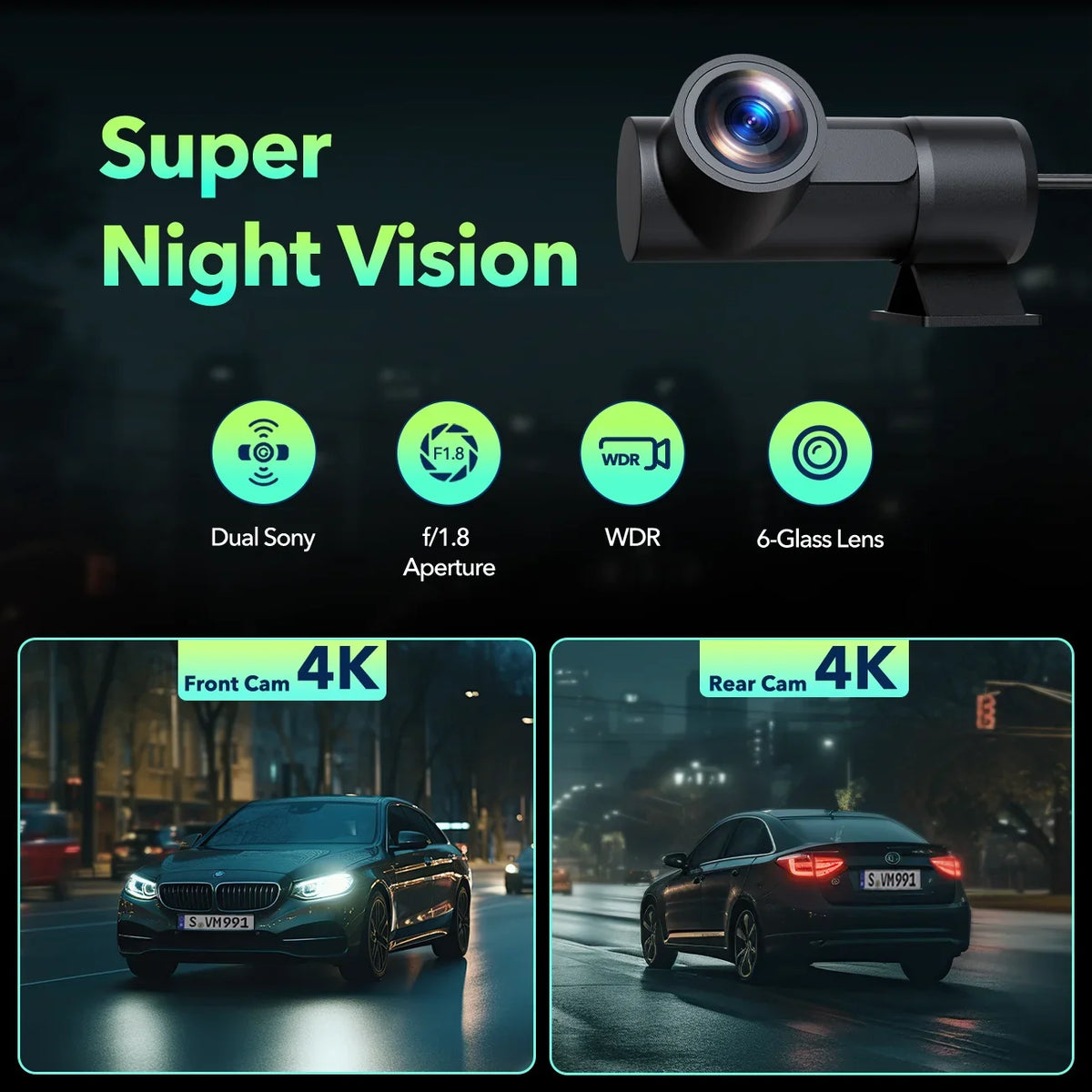 Dash Cam Front and Rear 4K+4K 5Ghz Wifi , Dash Camera for Cars with 128G  Card, 3.16" Touch Screen Dual Sony Night Vision Car Camera,Voice Commands, -Sensor,