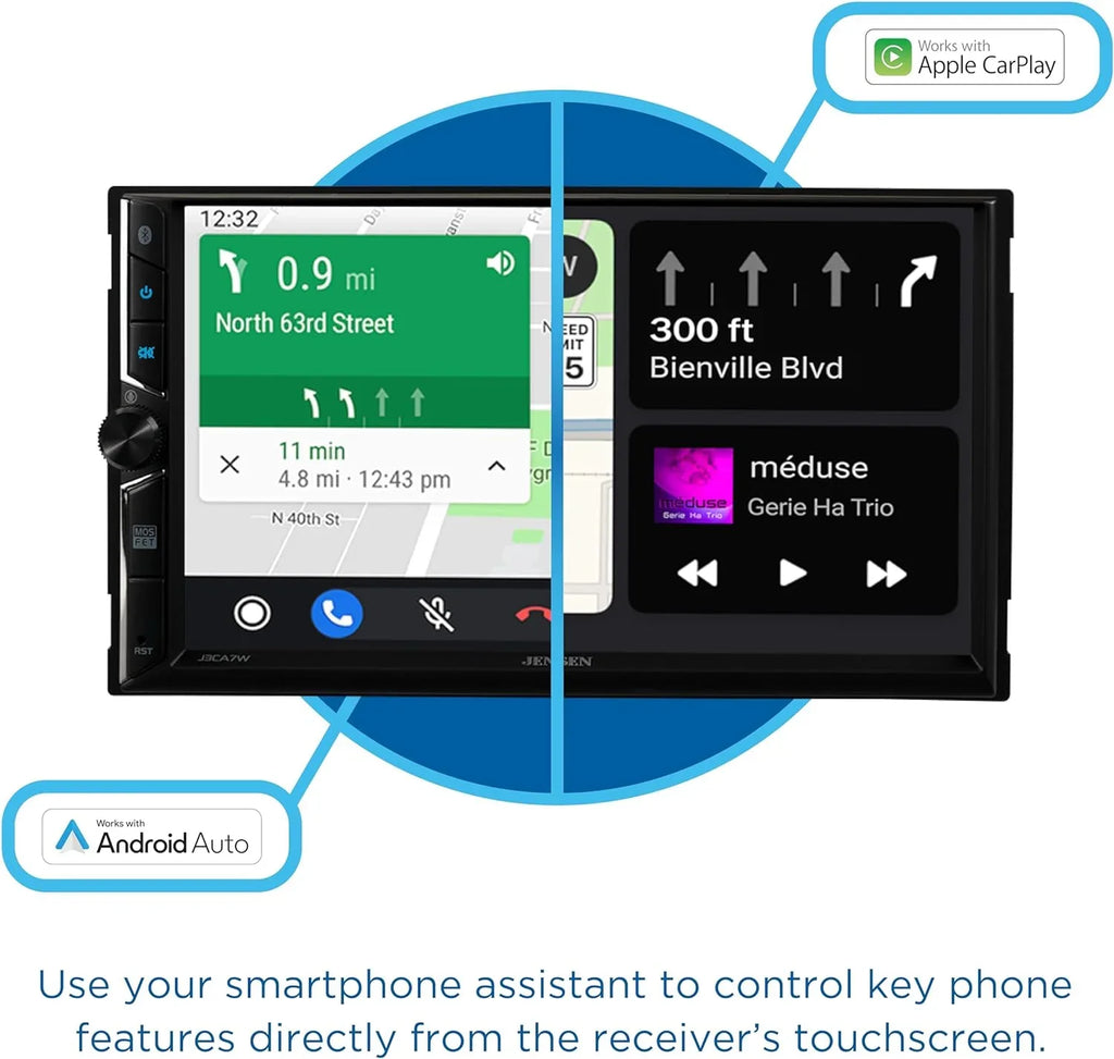 Jensen  7-inch Certified Apple CarPlay Android Auto, Wired or Wireless, Double  Car Stereo Radio, New