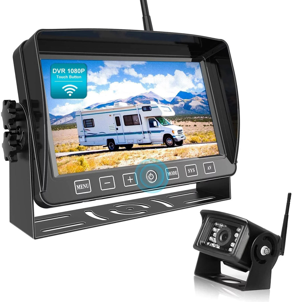 Fookoo  1080P 7" Wireless Backup Camera, 7-inch Dual/Quad Split Screen Monitor w/ Recording Touch Button, Supports 4 Cameras,  Waterproof Rear View Cam Parking Lines for /Trailer/Truck ()