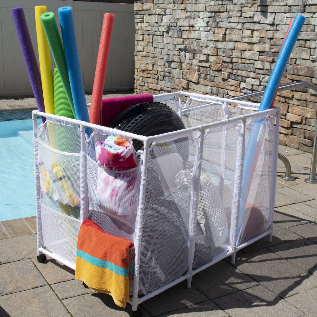 Essentially Yours Pool Noodles Holder, Toys, Floats, Balls and Floats Equipment Mesh Rolling Storage Organizer Bin,, Extra-Large, (47.2"  x 30.2"  x 34" ), White Style 455119
