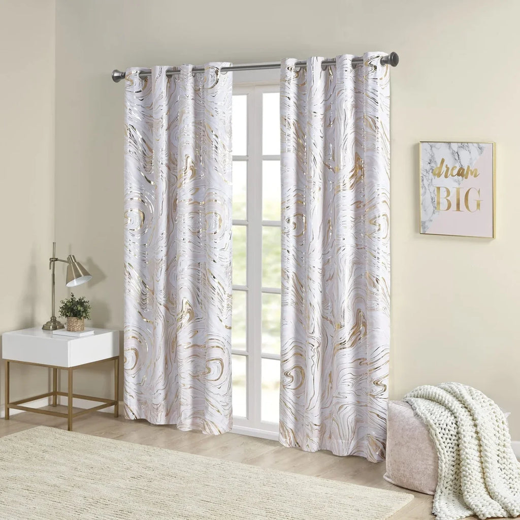 Rebecca Grommet Top Printed Marble Metallic Total Blackout Curtain -1982 By Olliix