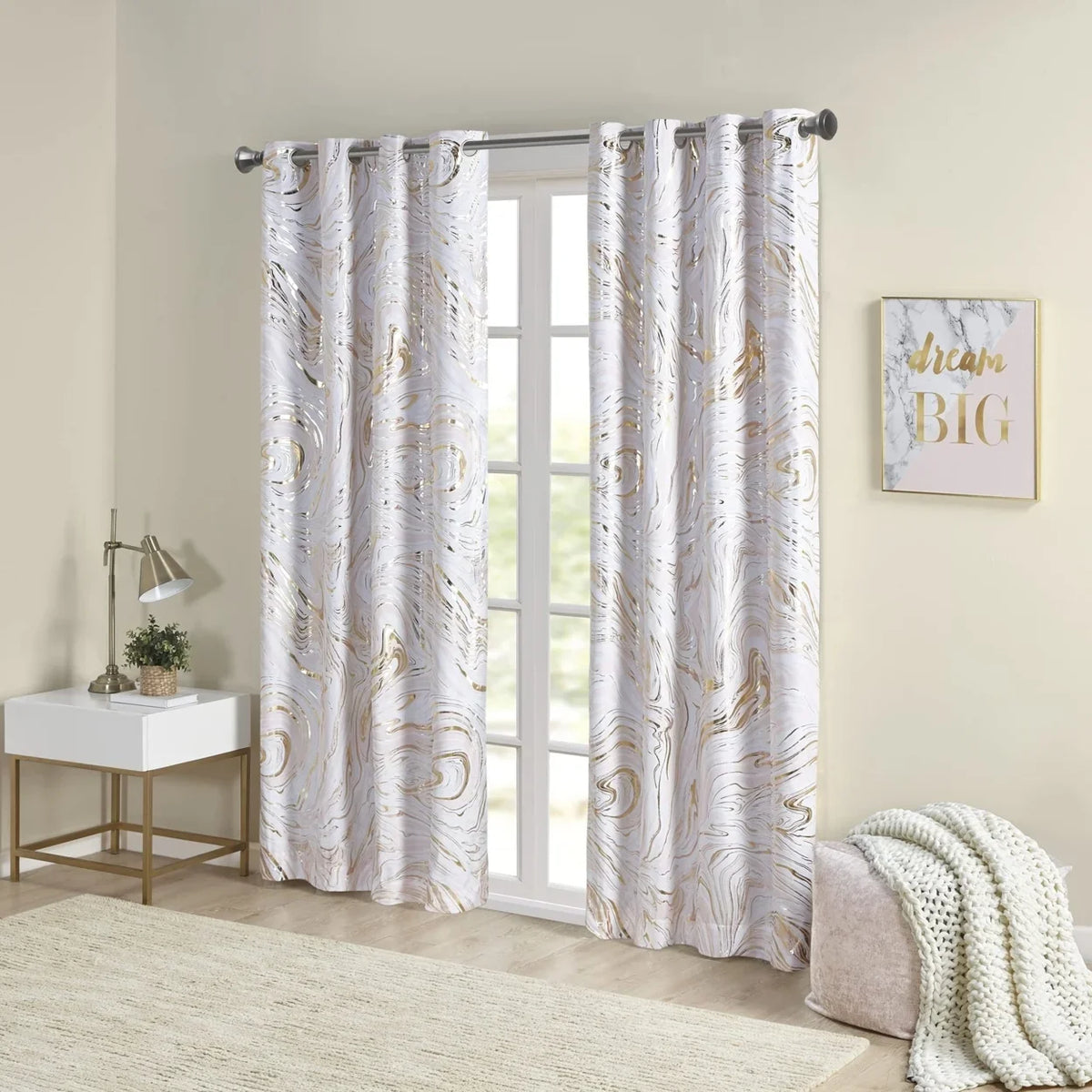 Rebecca Grommet Top Printed Marble Metallic Total Blackout Curtain -1982 By Olliix