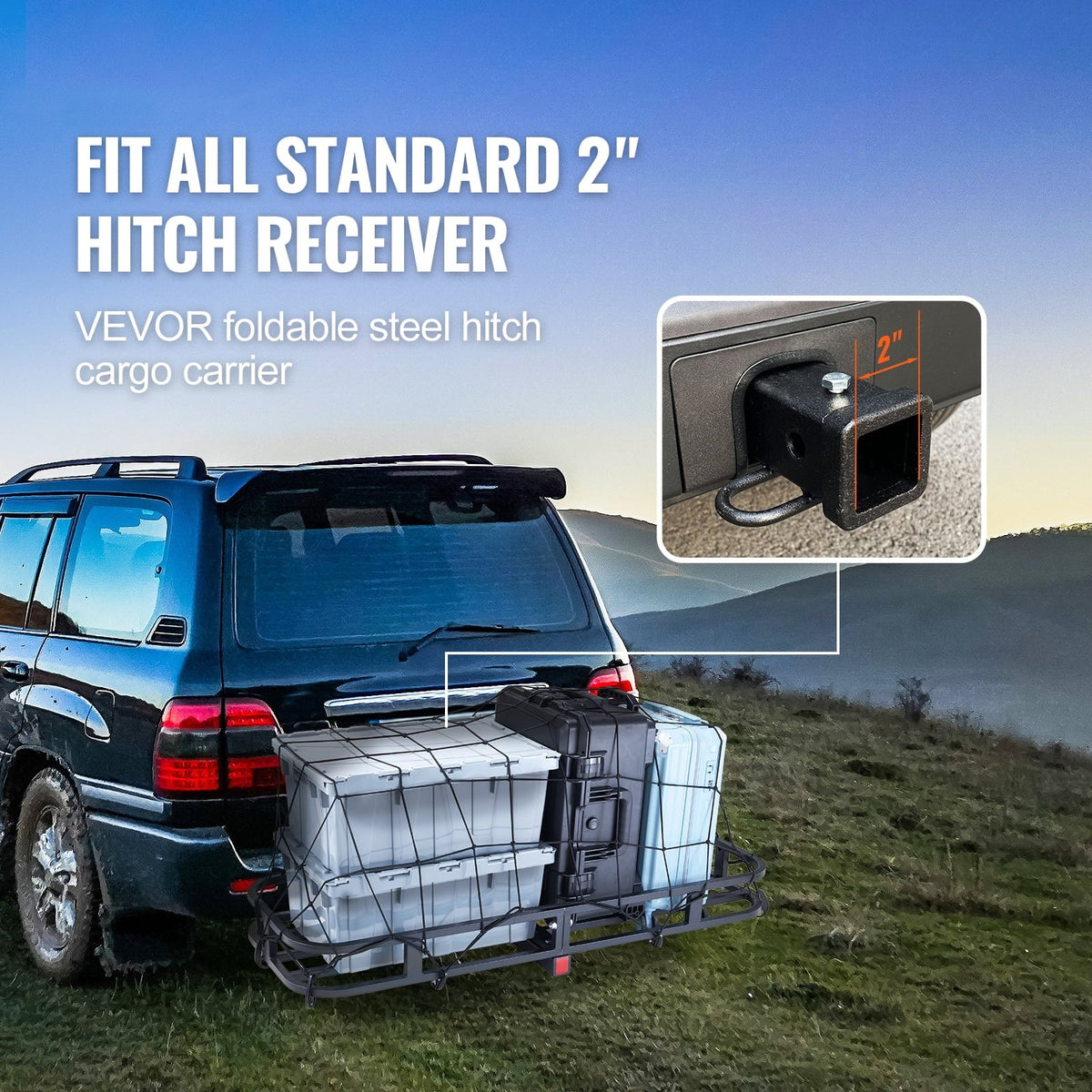 Hitch Mount Cargo Carrier 500lb 53x19x5 in & Cargo Net Fits 2" Receiver