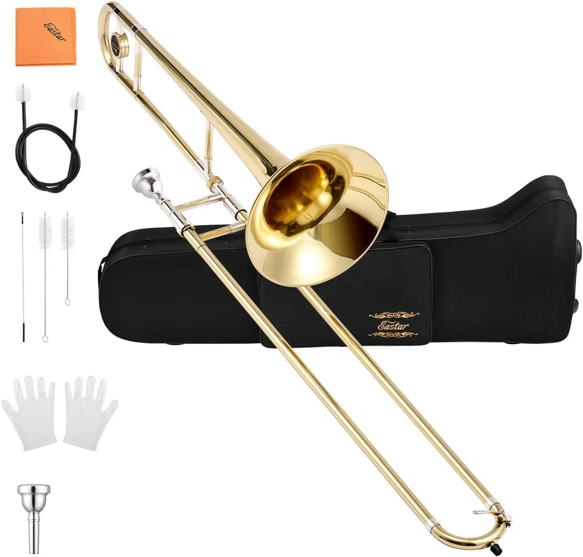 Eastar Bb Tenor Trombone for Beginners Students  Flat Brass Instrument, with Case, Mouthpiece, White Gloves, Cleaning Kit, Gold